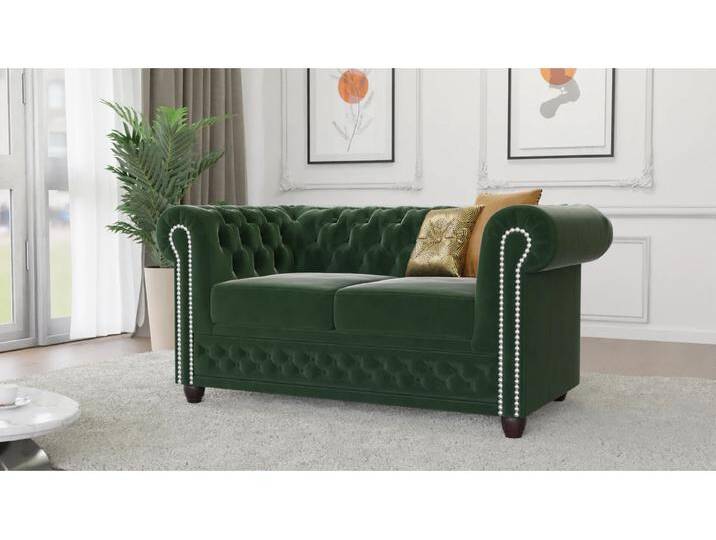Cleo - Chesterfield 2 sitzer Sofa mit Schlaffunktion aus Samt-Stoff mit Holzfüßen von S-Style Möbel