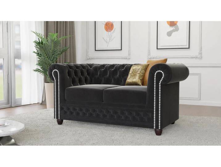 Cleo - Chesterfield 2 sitzer Sofa mit Schlaffunktion aus Samt-Stoff mit Holzfüßen von S-Style Möbel