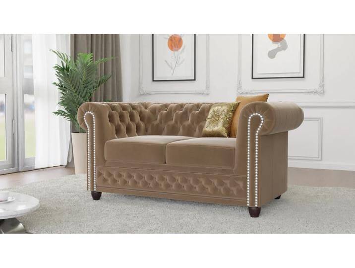 S-Style Möbel Cleo - Chesterfield 2 sitzer Sofa mit Schlaffunktion aus Samt-Stoff mit Holzfüßen von S-Style Möbel