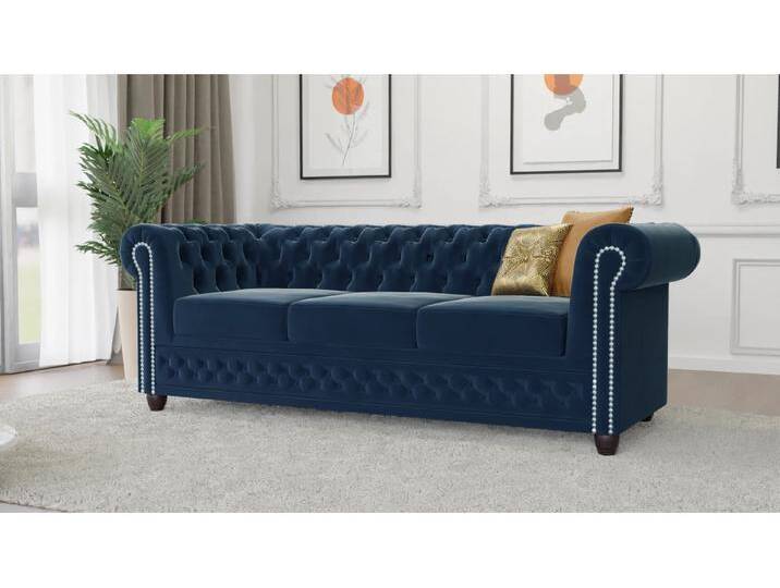 Cleo - Chesterfield 3 sitzer Sofa aus Samt-Stoff mit Holzfüßen von S-Style Möbel