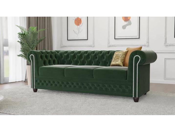 Cleo - Chesterfield 3 sitzer Sofa mit Schlaffunktion aus Samt-Stoff mit Holzfüßen von S-Style Möbel