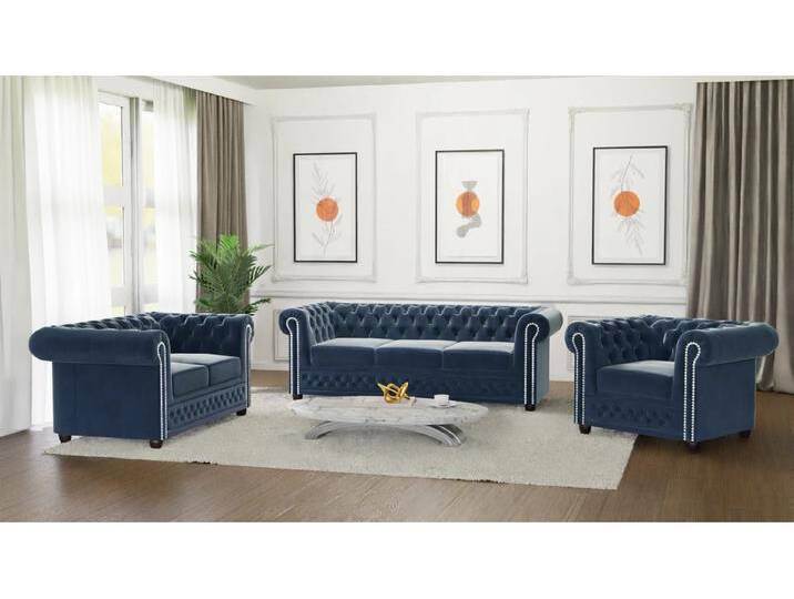 Cleo - Chesterfield Polstergarnitur mit Schlaffunktion 3+2+1 aus Samt-Stoff mit Holzfüßen von S-Style Möbel