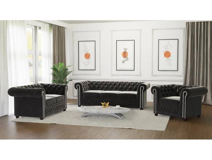 Cleo - Chesterfield Polstergarnitur mit Schlaffunktion 3+2+1 aus Samt-Stoff mit Holzfüßen von S-Style Möbel