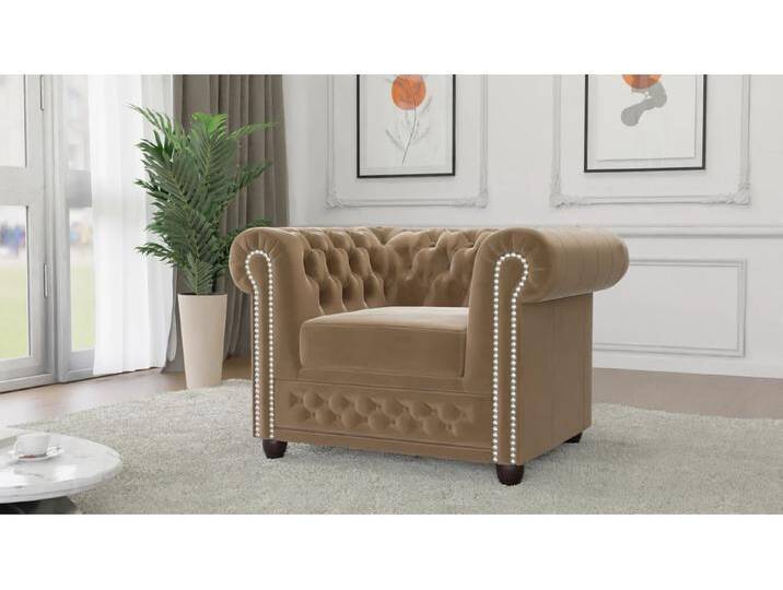 S-Style Möbel Cleo - Chesterfield Sessel aus Samt-Stoff mit Holzfüßen - Beige von S-Style Möbel