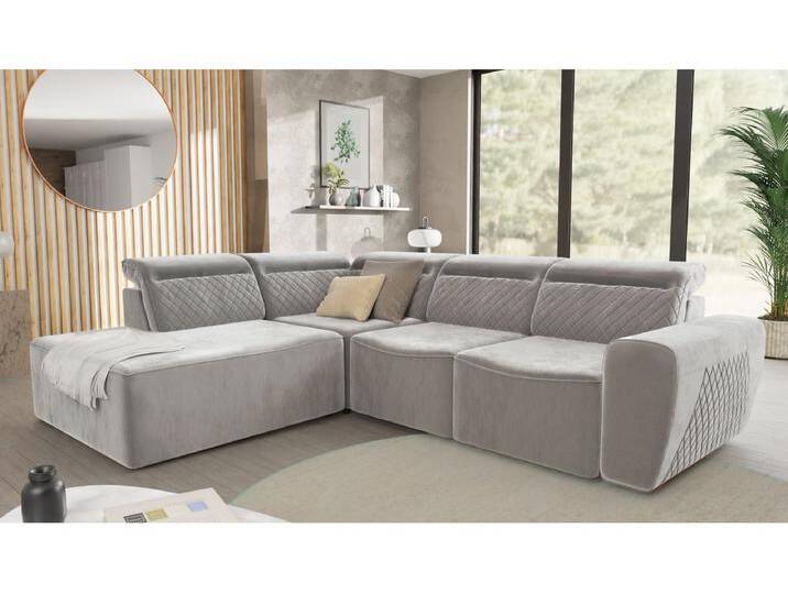 S-Style Möbel Emil - Modernes Ecksofa mit Schlaffunktion und Bettkasten aus Samt-Stoff schöner Sitzkomfort und verstellbare Kopfstützen - Grau von S-Style Möbel