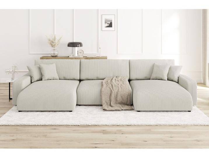 S-Style Möbel Emma - Wohnlandschaft mit Schlaffunktion und Bettkasten in Cord-Stoff schöner Sitzkomfort - Beige von S-Style Möbel