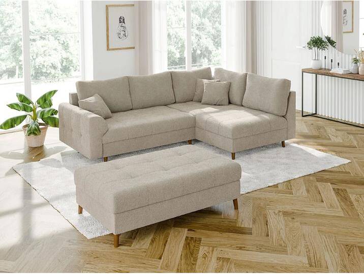 S-Style Möbel Lars - Ecksofa mit Schlaffunktion und Hocker mit Braun Holzfüßen im skandinavischen Stil aus Boucle-Stoff - Beige von S-Style Möbel