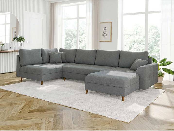 S-Style Möbel Lars - Wohnlandschaft mit Braun Holzfüßen im skandinavischen Stil aus Boucle-Stoff - Grau von S-Style Möbel