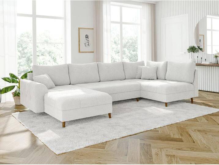 S-Style Möbel Lars - Wohnlandschaft mit Braun Holzfüßen im skandinavischen Stil aus Boucle-Stoff - Weiß von S-Style Möbel