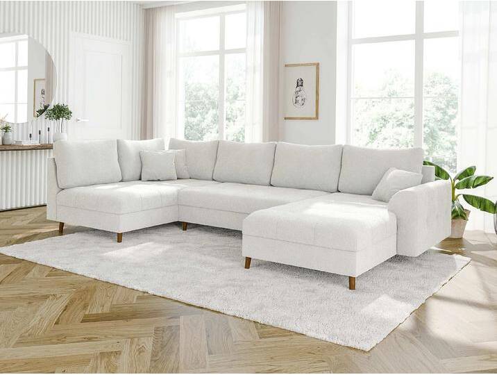 S-Style Möbel Lars - Wohnlandschaft mit Braun Holzfüßen im skandinavischen Stil aus Boucle-Stoff - Weiß von S-Style Möbel