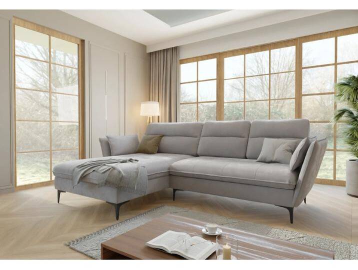 Manfred - Ecksofa mit Schlaffunktion und Bettkasten aus Samt-Stoff mit hohen schwarzen Metallfüßen von S-Style Möbel