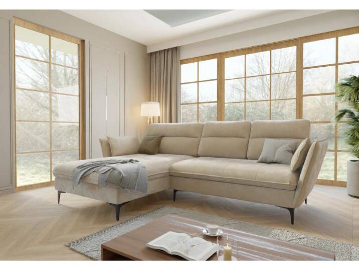 Manfred - Ecksofa mit Schlaffunktion und Bettkasten aus Samt-Stoff mit hohen schwarzen Metallfüßen von S-Style Möbel