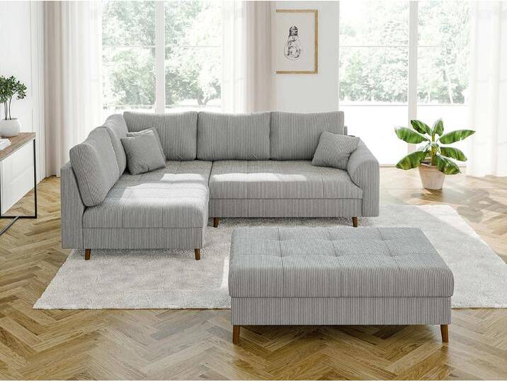 Maya - Ecksofa mit Schlaffunktion und Hocker mit Braun Holzfüßen im skandinavischen Stil aus Cord-Stoff von S-Style Möbel