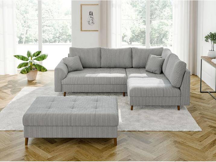 S-Style Möbel Maya - Ecksofa mit Schlaffunktion und Hocker mit Braun Holzfüßen im skandinavischen Stil aus Cord-Stoff von S-Style Möbel