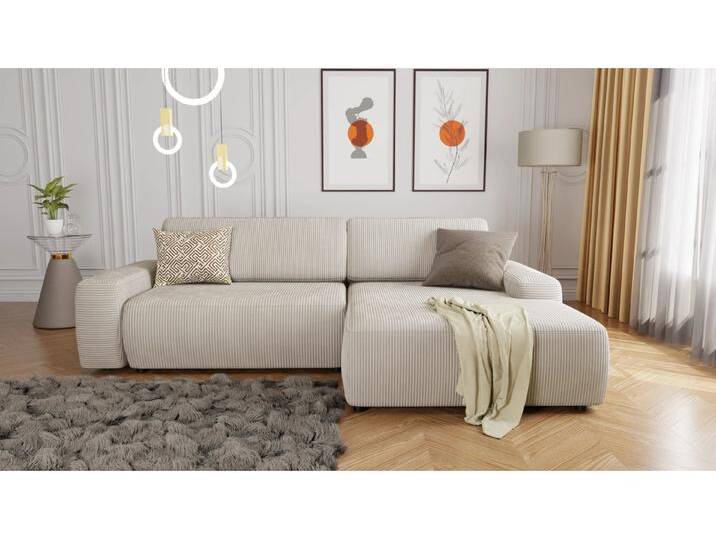 S-Style Möbel Rowan - Ecksofa mit Schlaffunktion und Bettkasten in Cord-Stoff schöner Sitzkomfort - Beige von S-Style Möbel