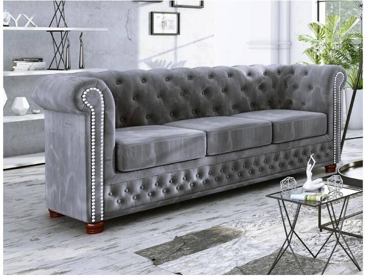 S-Style Möbel Alnem - Chesterfield Sofa 3-Sitzer aus Samt-Stoff mit Holzfüßen - Grau S-Style Möbel Alnem - Chesterfield Sofa 3-Sitzer aus Samt-Stoff mit Holzfüßen - Grau von S-Style Möbel