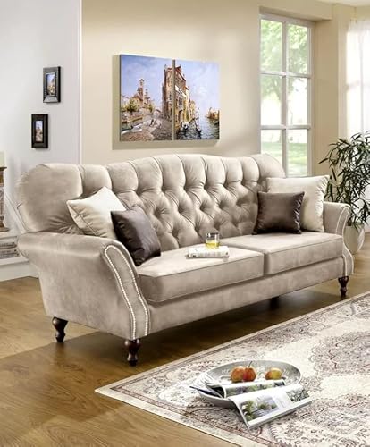 S-Style Möbel Anton Chesterfield Sofa 2-Sitzer 2er Couch Wohnzimmer Möbel Freistehend per Hand Genietet und Geknöpft mit Holzfüßen 176x95x98 cm Creme von S-Style Möbel