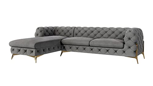 S-Style Möbel Bellano Chesterfield Ecksofa Sofa L-Form Couch Eckcouch Wohnzimmer Möbel Wohnlandschaft Polstersofa mit Metallfüßen 5-Sitzer 305x200x73 cm Grau Links von S-Style Möbel