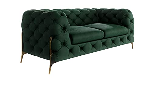 S-Style Möbel Bellano Chesterfield Sofa 2-Sitzer 2er Couch Wohnzimmer Möbel Freistehend mit Metallfüßen 185x100x73 cm Flaschengrün von S-Style Möbel