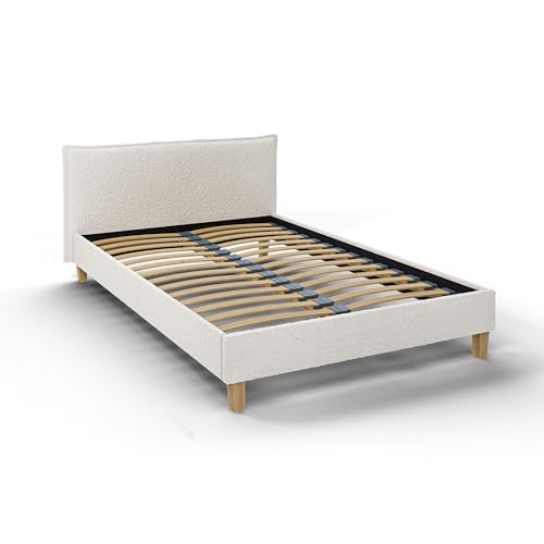 S-Style Möbel Bett 180x200 Polsterbett Für Schlafzimmer Doppelbett Mit Lattenrost Stoff-Bettrahmen Kopfteil Holzfüßen Weiß von S-Style Möbel