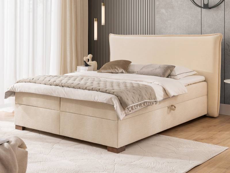 S-Style Möbel Boxspringbett Lovetti mit Topper und Bettkästen, aus Strukturstoff-Cordoptik, Massivholz Füße von S-Style Möbel
