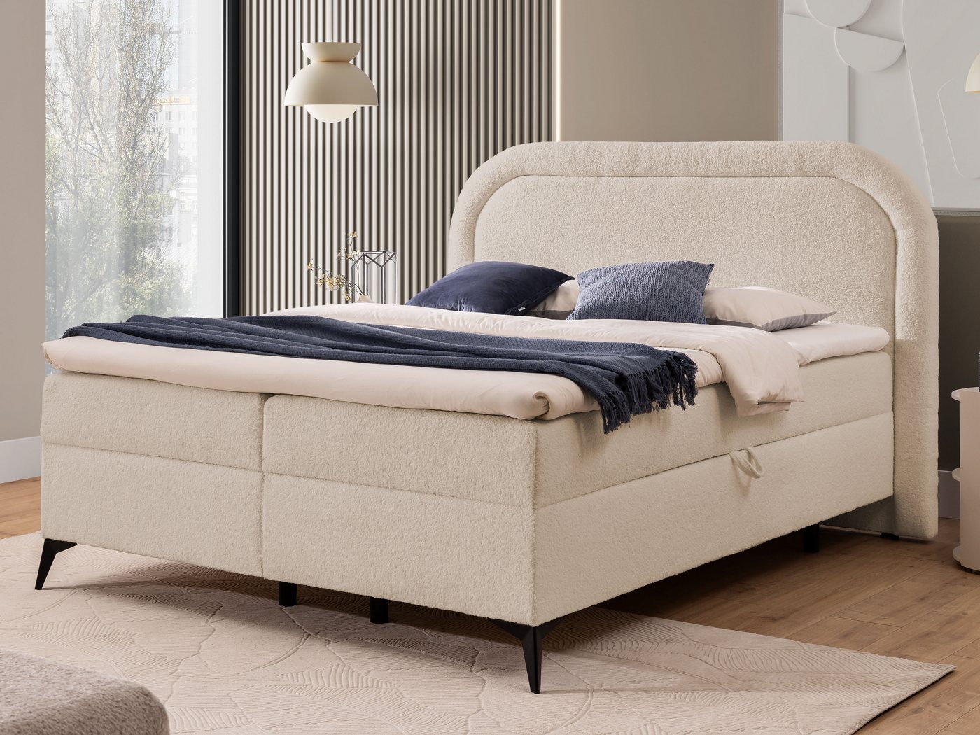 S-Style Möbel Boxspringbett Sonna mit Topper Bettkästen und Metallfüße aus Bouclé-Stoff, Bonellfedern von S-Style Möbel