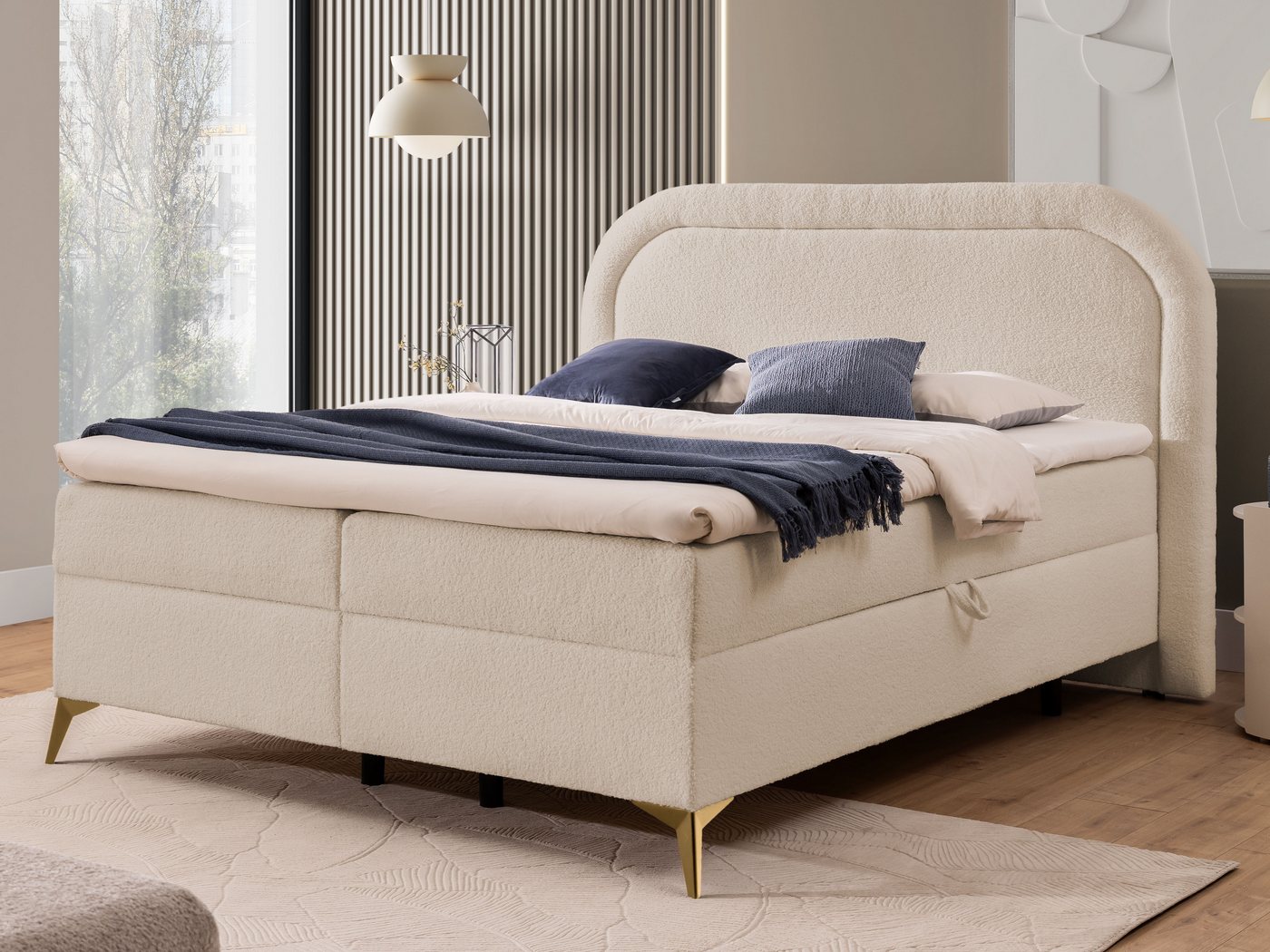 S-Style Möbel Boxspringbett Sonna mit Topper Bettkästen und Metallfüße aus Bouclé-Stoff, Bonellfedern von S-Style Möbel