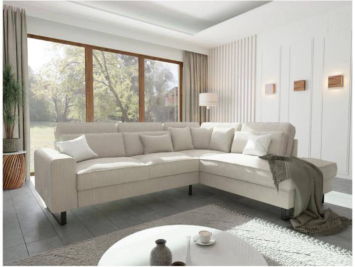 S-Style Möbel Breeze - Ecksofa mit Ottomane und Schwarz Metall Füßen in Cord-Stoff - Beige von S-Style Möbel