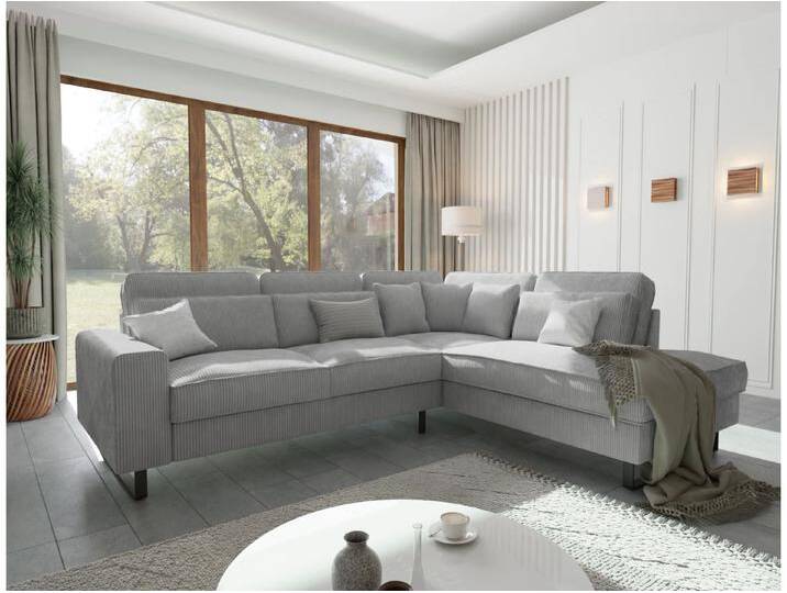 S-Style Möbel Breeze - Ecksofa mit Ottomane und Schwarz Metall Füßen in Cord-Stoff - Hellgrau von S-Style Möbel