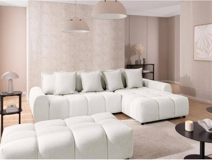 S-Style Möbel Bubble - Ecksofa mit Schlaffunktion und Hocker mit losen Rückenkissen und Sitzfläche in Bubble-Optik aus weichem Strukturstoff mit schöner Sitzkomfort - Creme von S-Style Möbel