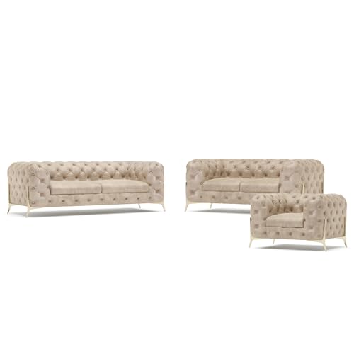 S-Style Möbel Casero Sofagarnitur 3 2 1 Polstergarnitur Chesterfield-Couchgarnitur 3-Sitzer Sofa 225x100x75cm 2-Sitzer Sofa 185x100x75cm Sessel 125x100x75cm Silberne Metallfüße Beige von S-Style Möbel