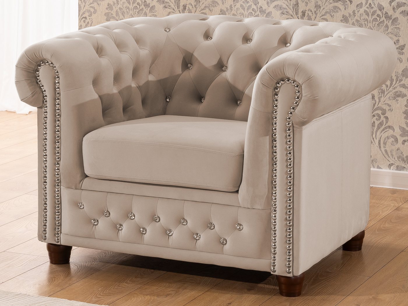 S-Style Möbel Chesterfield-Sessel Cleo Blink aus Samt mit Kristallsteppung und braunen Massivholzfüßen, mit Wellenfederung von S-Style Möbel