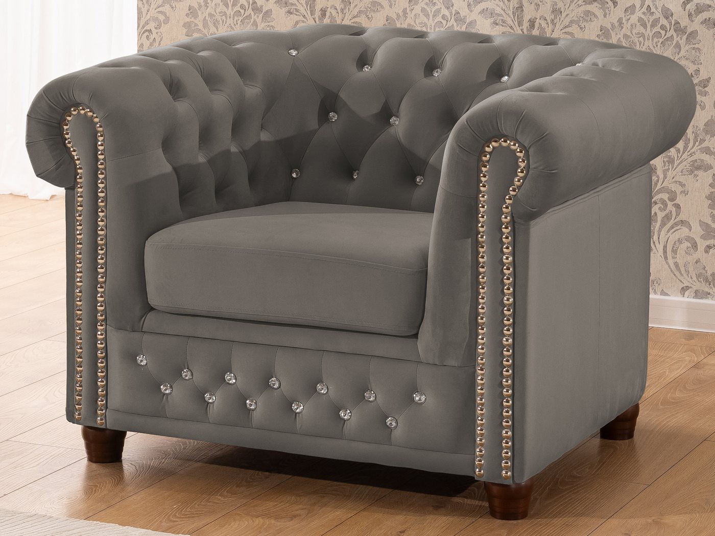 S-Style Möbel Chesterfield-Sessel Cleo Blink aus Samt mit Kristallsteppung und braunen Massivholzfüßen, mit Wellenfederung von S-Style Möbel