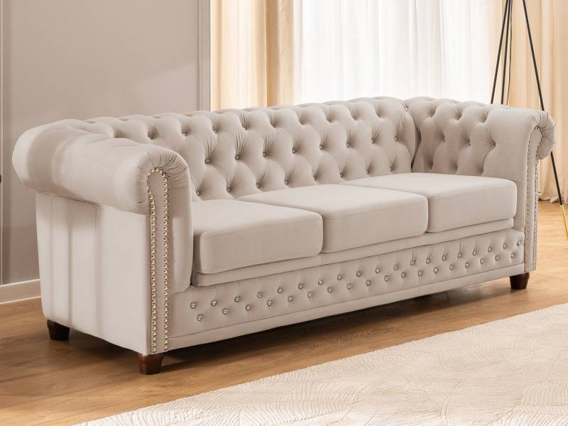 S-Style Möbel Chesterfield-Sofa 3-Sitzer mit Schlaffunktion Cleo Blink aus Samt mit Kristallsteppung, mit Wellenfederung von S-Style Möbel
