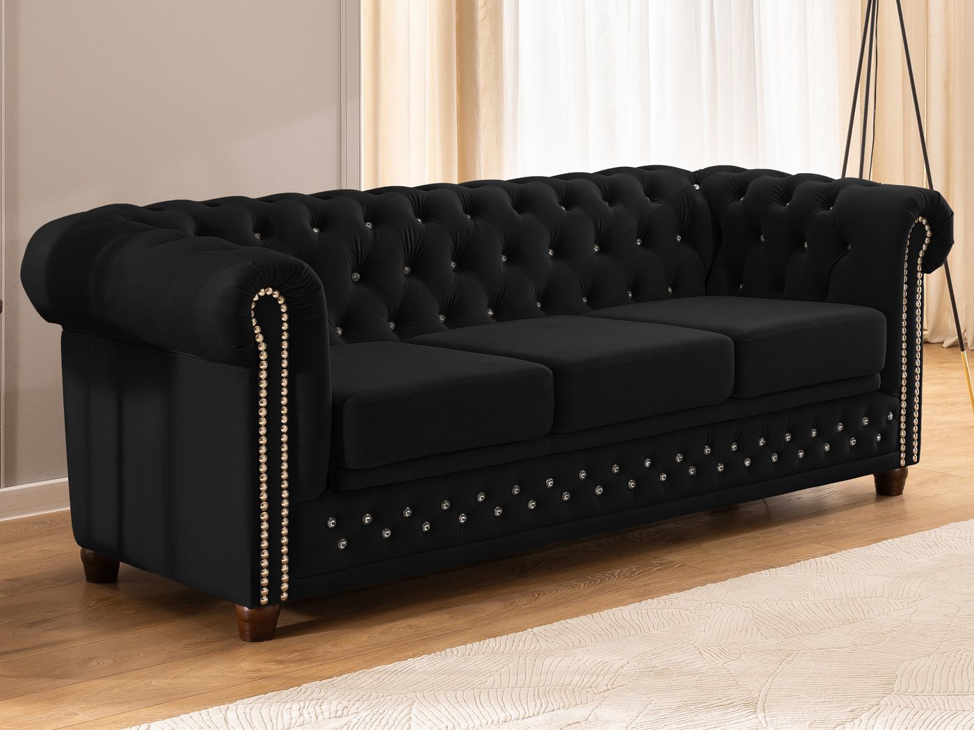 S-Style Möbel Chesterfield-Sofa 3-Sitzer mit Schlaffunktion Cleo Blink aus Samt mit Kristallsteppung, mit Wellenfederung von S-Style Möbel