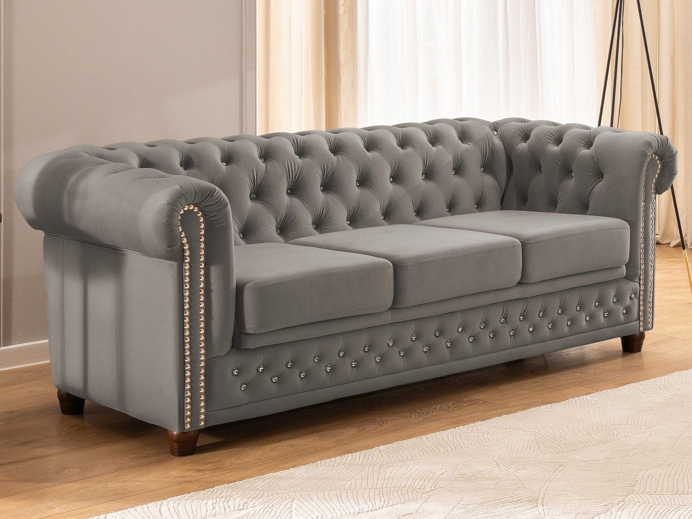 S-Style Möbel Chesterfield-Sofa 3-Sitzer mit Schlaffunktion Cleo Blink aus Samt mit Kristallsteppung, mit Wellenfederung von S-Style Möbel