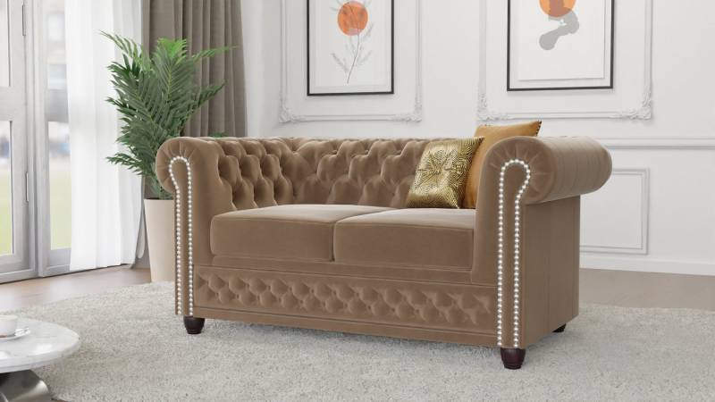 S-Style Möbel Chesterfield-Sofa Chesterfield Lena 2-Sitzer aus Samt-Stoff mit Holzfüßen, 2-Sitzer, mit Wellenfederung von S-Style Möbel