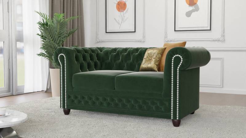 S-Style Möbel Chesterfield-Sofa Chesterfield Lena 2-Sitzer aus Samt-Stoff mit Holzfüßen, 2-Sitzer, mit Wellenfederung von S-Style Möbel