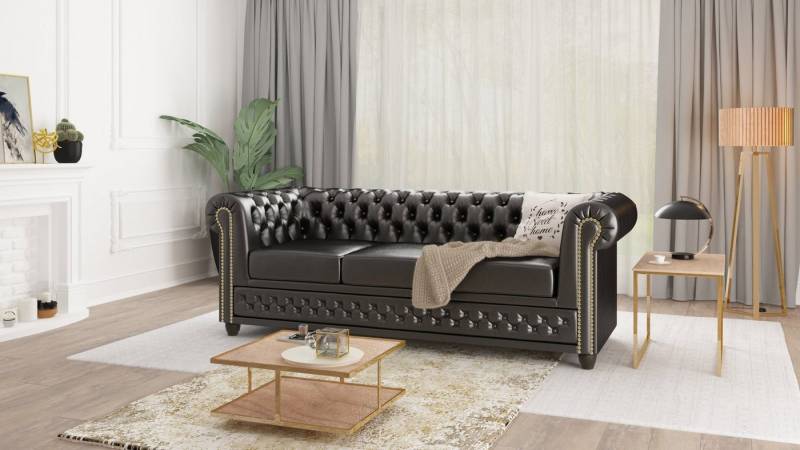 S-Style Möbel Chesterfield-Sofa Jeff, 3-Sitzer mit Schlaffunktion aus veganem Leder mit Holzfüßen, 3-Sitzer mit Schlaffunktion, mit Wellenfederung von S-Style Möbel
