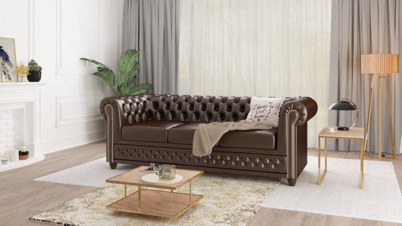 S-Style Möbel Chesterfield-Sofa Jeff, 3-Sitzer mit Schlaffunktion aus veganem Leder mit Holzfüßen, 3-Sitzer mit Schlaffunktion, mit Wellenfederung von S-Style Möbel
