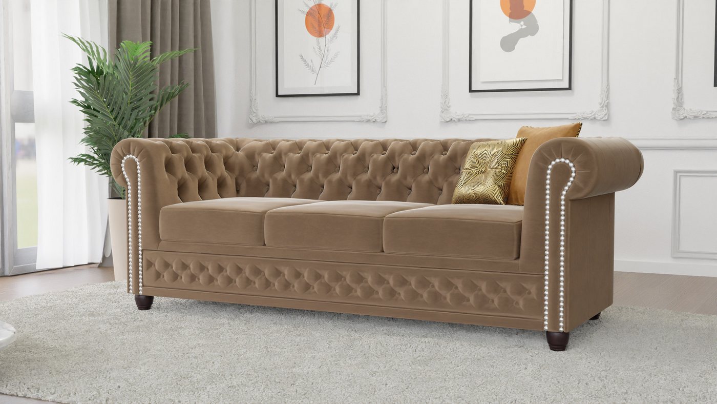 S-Style Möbel Chesterfield-Sofa Lena 3-Sitzer mit Schlaffunktion Samt Bezug, mit Bettfunktion, mit Wellenfederung von S-Style Möbel