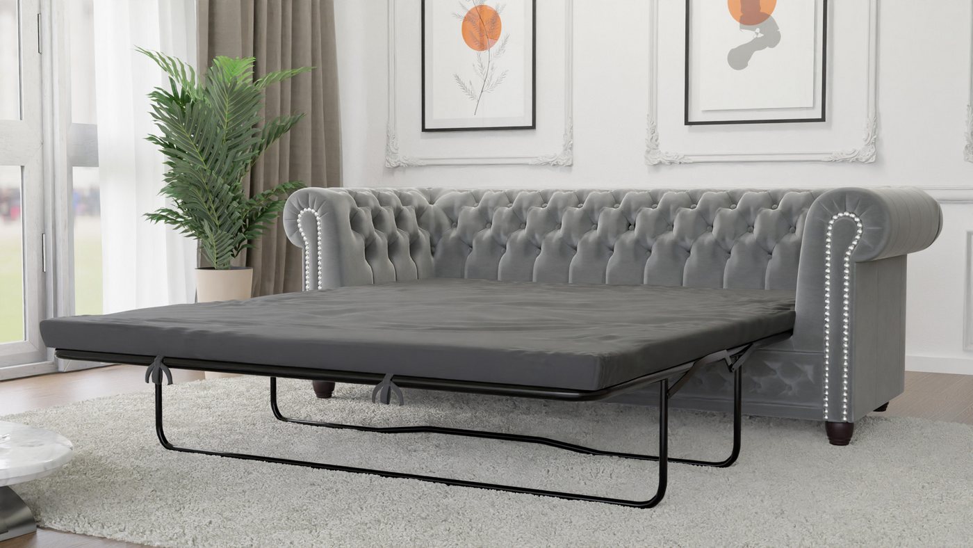 S-Style Möbel Chesterfield-Sofa Lena 3-Sitzer mit Schlaffunktion Samt Bezug, mit Bettfunktion, mit Wellenfederung von S-Style Möbel