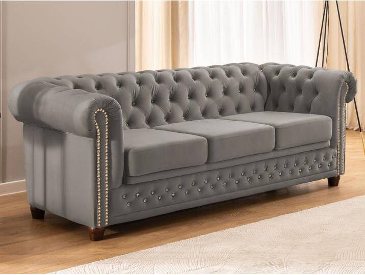 S-Style Möbel Cleo Blink - Chesterfield 3-Sitzer Sofa mit Schlaffunktion aus Samt mit Kristallsteppung und braunen Massivholzfüßen - Grau S-Style Möbel Cleo Blink - Chesterfield 3-Sitzer Sofa mit Schlaffunktion aus Samt mit Kristallsteppung und braunen Massivholzfüßen - Grau von S-Style Möbel