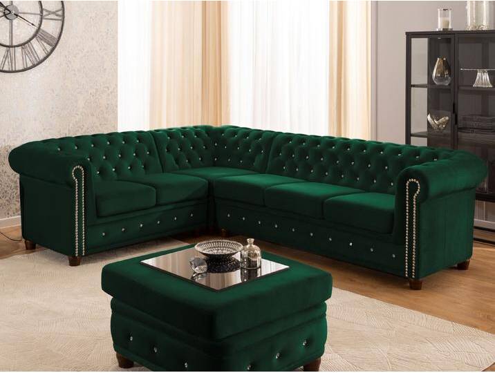 S-Style Möbel Cleo Blink - Chesterfield Ecksofa L-Form aus Samt mit Kristallsteppung und braunen Massivholzfüßen - Flasche Grün von S-Style Möbel