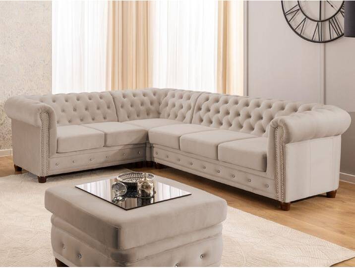 S-Style Möbel Cleo Blink - Chesterfield Ecksofa L-Form mit Schlaffunktion aus Samt mit Kristallsteppung und braunen Massivholzfüßen - Beige S-Style Möbel Cleo Blink - Chesterfield Ecksofa L-Form mit Schlaffunktion aus Samt mit Kristallsteppung und braunen Massivholzfüßen - Beige von S-Style Möbel