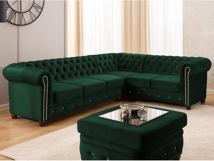 S-Style Möbel Cleo Blink - Chesterfield Ecksofa L-Form mit Schlaffunktion aus Samt mit Kristallsteppung und braunen Massivholzfüßen - Flasche Grün von S-Style Möbel