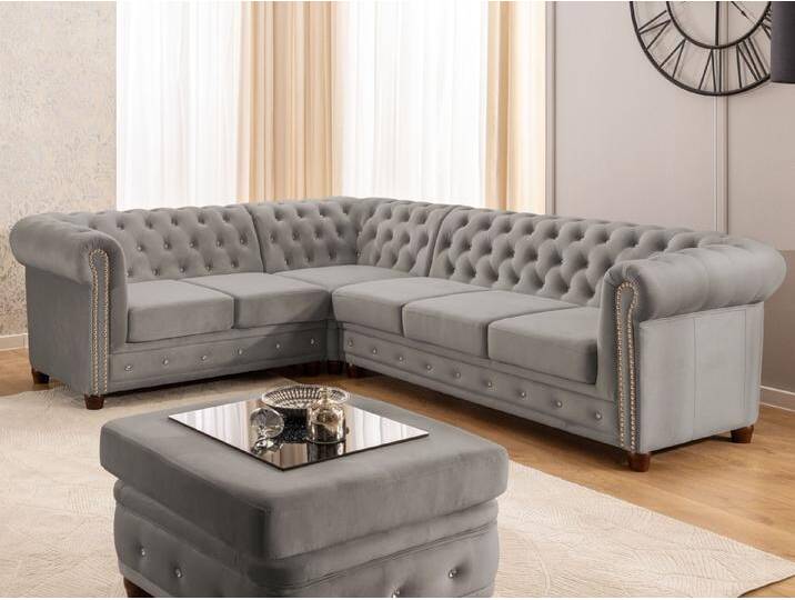 S-Style Möbel Cleo Blink - Chesterfield Ecksofa L-Form mit Schlaffunktion aus Samt mit Kristallsteppung und braunen Massivholzfüßen - Grau von S-Style Möbel
