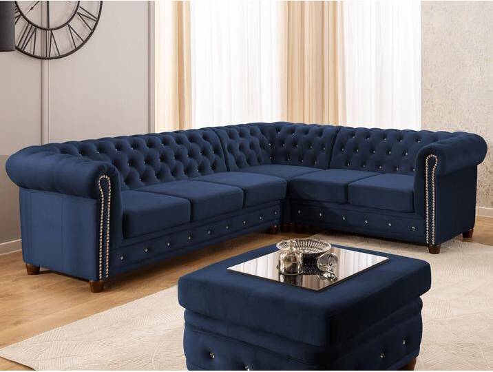 S-Style Möbel Cleo Blink - Chesterfield Ecksofa L-Form mit Schlaffunktion aus Samt mit Kristallsteppung und braunen Massivholzfüßen - Marineblau S-Style Möbel Cleo Blink - Chesterfield Ecksofa L-Form mit Schlaffunktion aus Samt mit Kristallsteppung und braunen Massivholzfüßen - Marineblau von S-Style Möbel