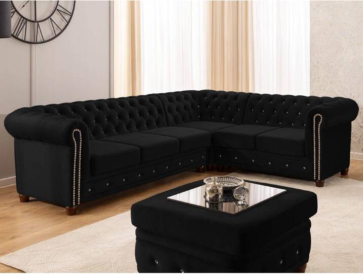 S-Style Möbel Cleo Blink - Chesterfield Ecksofa L-Form mit Schlaffunktion aus Samt mit Kristallsteppung und braunen Massivholzfüßen - Schwarz S-Style Möbel Cleo Blink - Chesterfield Ecksofa L-Form mit Schlaffunktion aus Samt mit Kristallsteppung und braunen Massivholzfüßen - Schwarz von S-Style Möbel