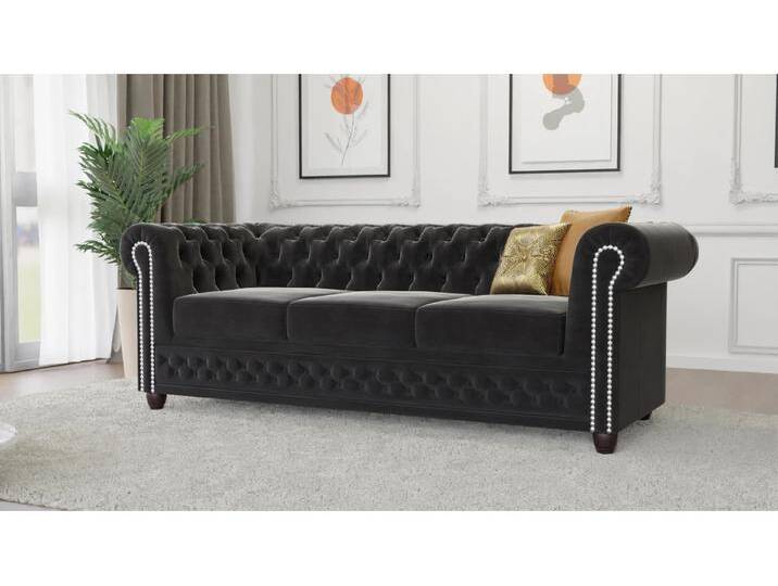 S-Style Möbel Cleo - Chesterfield 3 sitzer Sofa mit Schlaffunktion aus Samt-Stoff mit Holzfüßen - Schwarz S-Style Möbel Cleo - Chesterfield 3 sitzer Sofa mit Schlaffunktion aus Samt-Stoff mit Holzfüßen - Schwarz von S-Style Möbel